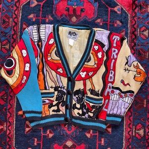 Vintage No Jeans Patchwork Warriors Cardigan Knit Sweater